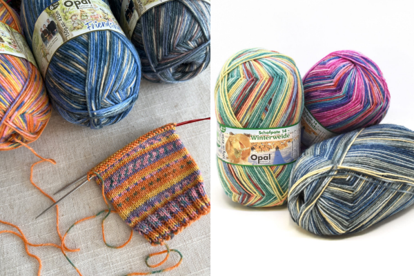 Opal sock yarn with variegated color transitions for knitting socks