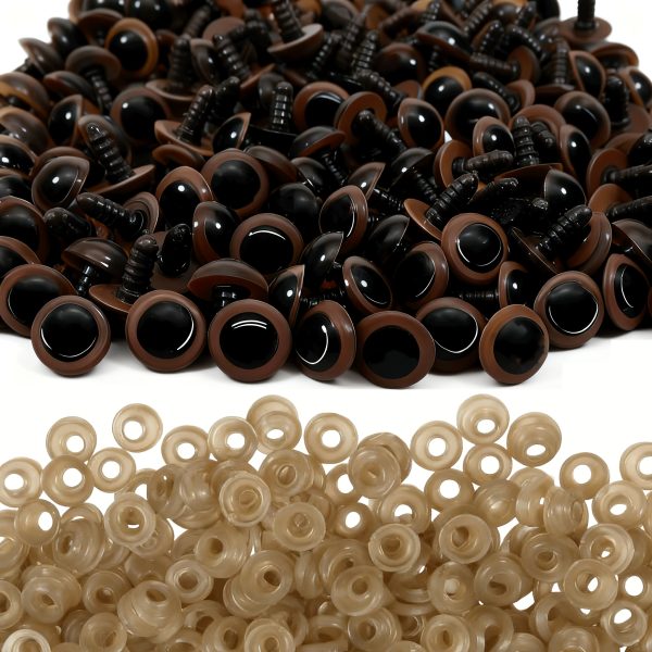 Brown plastic safety eyes for crochet toys with secure backing Close-up of glossy toy eyes installed on handmade doll Safety eyes for plush toys and amigurumi animals