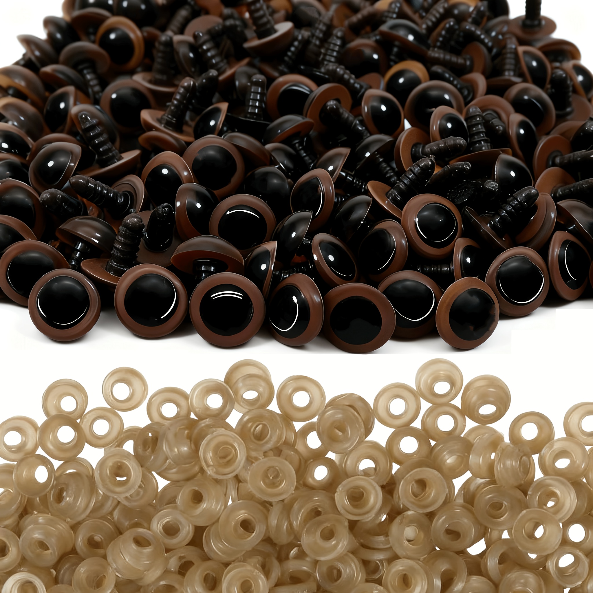 Brown plastic safety eyes for crochet toys with secure backing Close-up of glossy toy eyes installed on handmade doll Safety eyes for plush toys and amigurumi animals